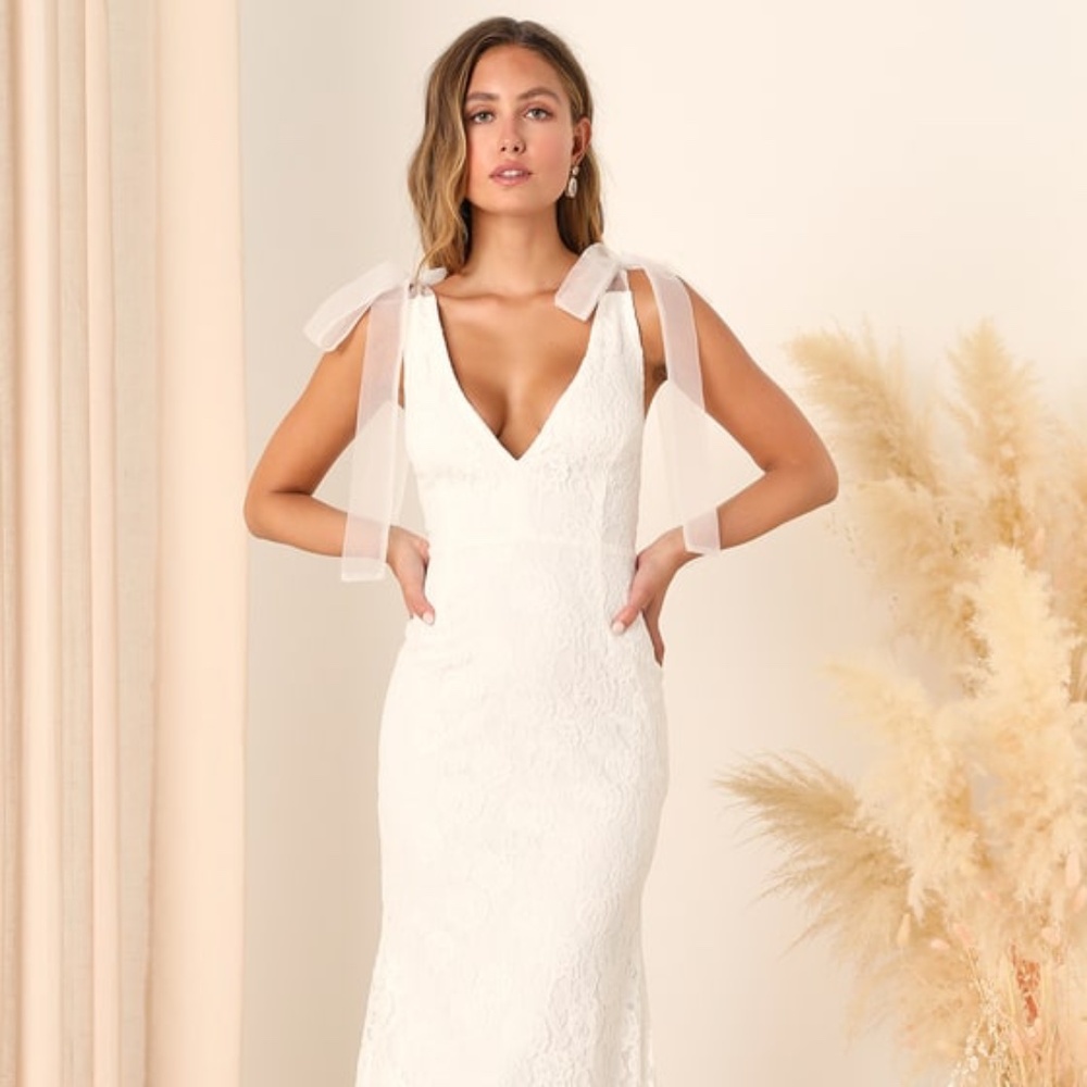 Lulu's White Lace Maxi Dress with Tie Shoulder Straps